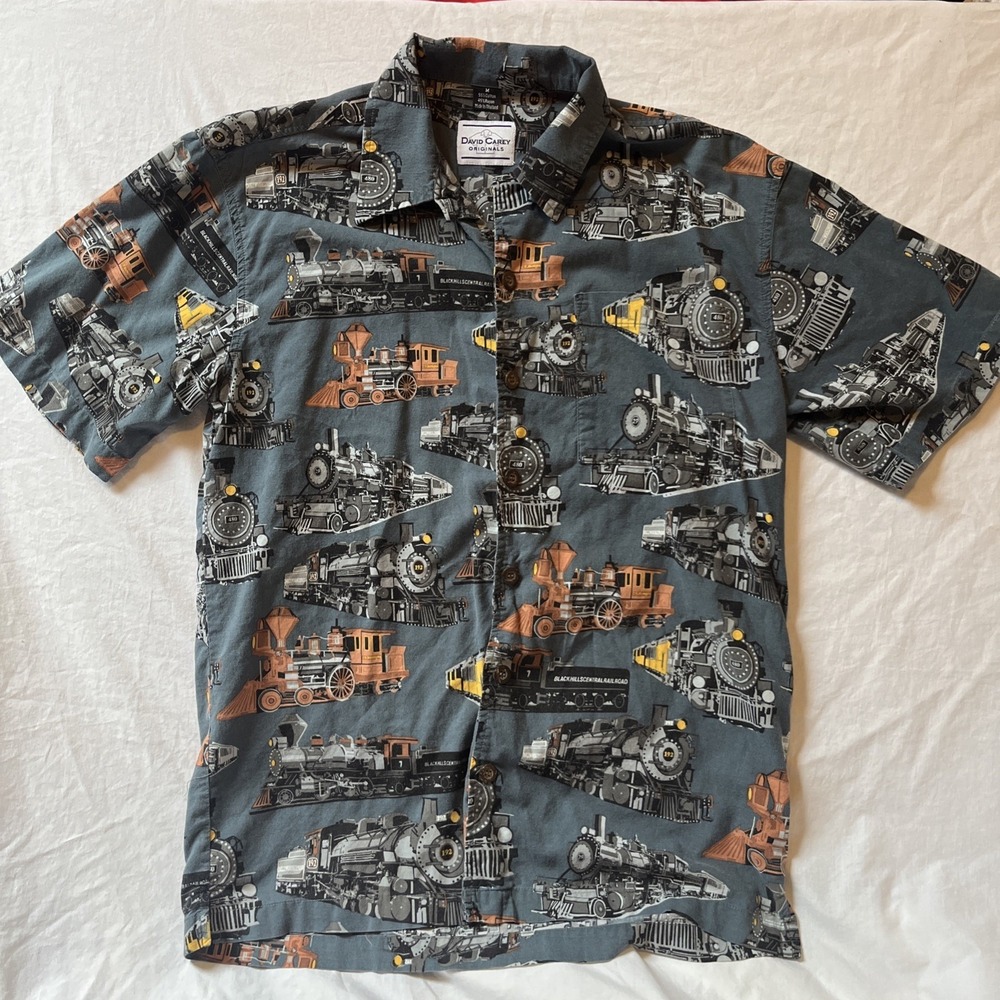 VINTAGE David Carey Men Button Up Shirt Med Blue Locomotive Trains All Over 90s